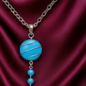 Turquoise Pendant Necklace – Twisted Silver Wire Wrap w/ Beaded Drop | Artisan